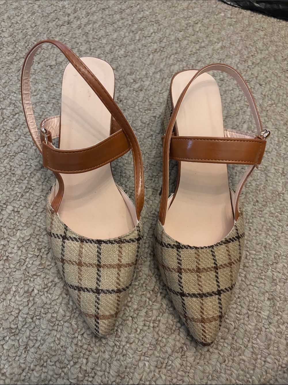 Plaid Pointed Toe Slingback Flats in Tan